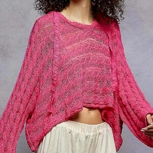 POL Pink Open-Knit Crewneck Sweater